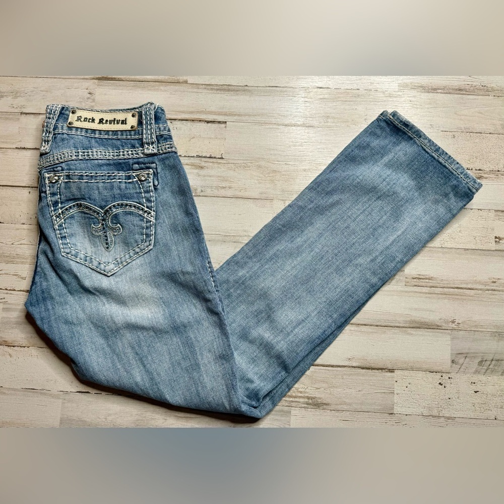 Rock Revival Alanis Capri Blue Denim Embellished Pockets Jeans Size 27x28